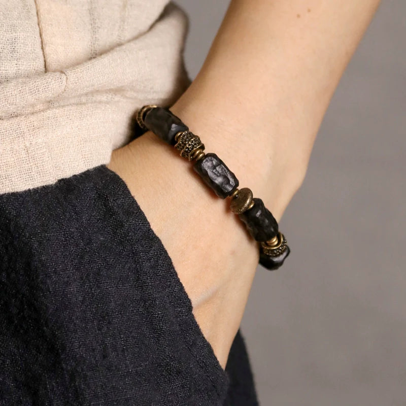 Tibetan Spiritual Jewelry Hand-Carved Ebony & Brass Bracelet for Protection