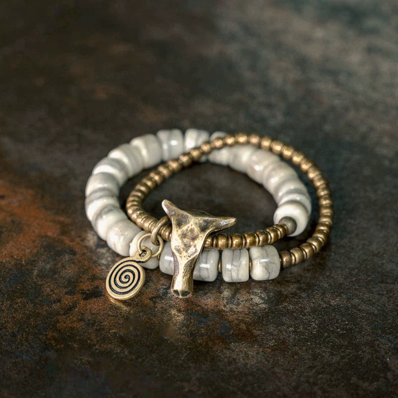 Men’s Bracelet with Natural Yak Bone Beads and Brass Bull Head Accent