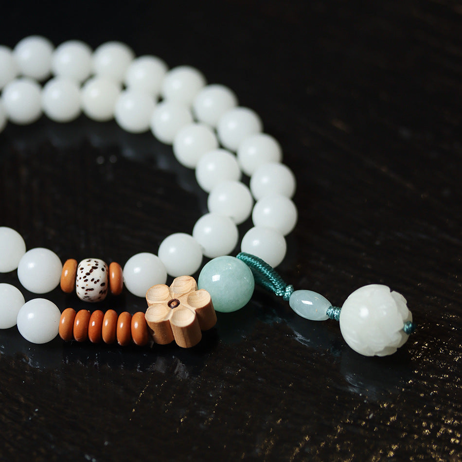 White Jade Bodhi Double Wrap Bracelet with Lotus Accent for Women