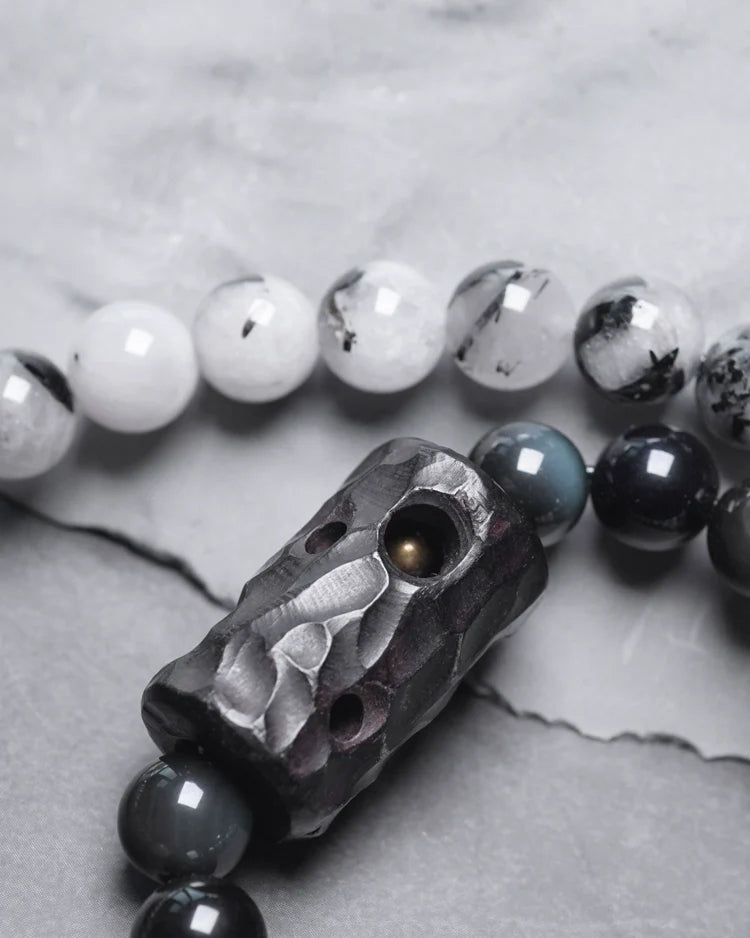 Double-Layer Black Rutilated Quartz Bracelet with White Crystal Pendant for Protection & Mental Clarity