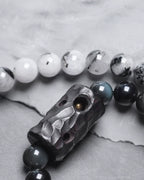 Double-Layer Black Rutilated Quartz Bracelet with White Crystal Pendant for Protection & Mental Clarity