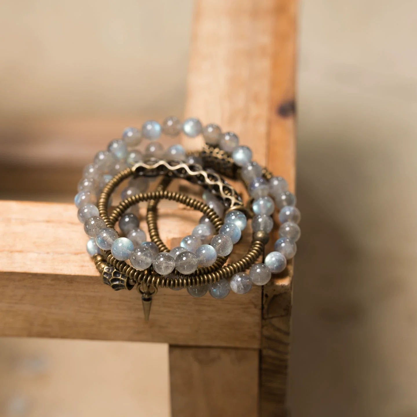 Tibetan-Inspired Multi-Layer Moonstone & Brass Bracelet · Lunar Light, Grounded Spirit