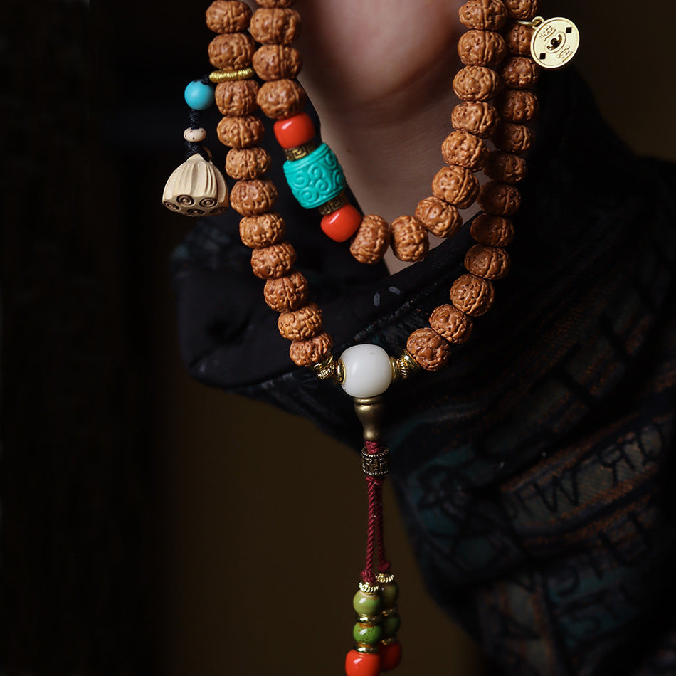 Dragon Vein Exploding Texture Rudraksha 108 Mala Beads Bracelet with Agate Stone Accents