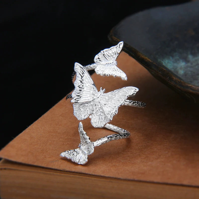 S925 Sterling Silver Adjustable Butterfly Wrap Ring for Women