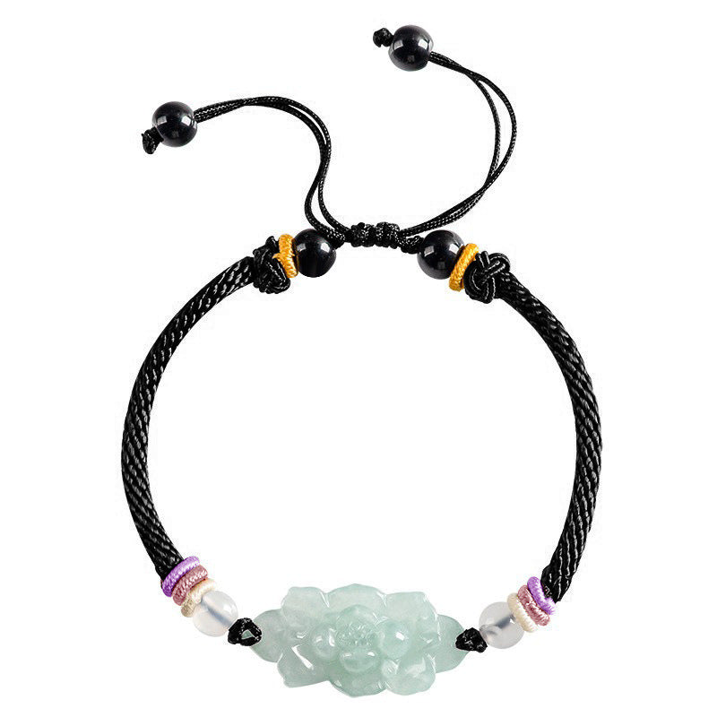 Natural A-Grade Jadeite Lotus Bracelet – Handmade Woven Cord Jewelry, Adjustable Lucky Charm for Men & Women