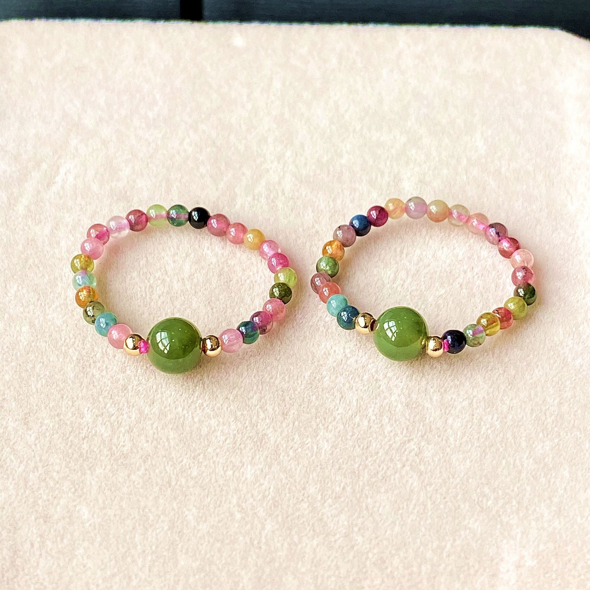 Natural Tourmaline & Green Jade Women's Stretch Ring
