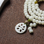 White Jade Bodhi 108 Mala Beads Bracelet with Carved Lotus Slice Pendant
