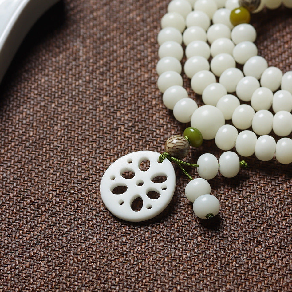 White Jade Bodhi 108 Mala Beads Bracelet with Carved Lotus Slice Pendant