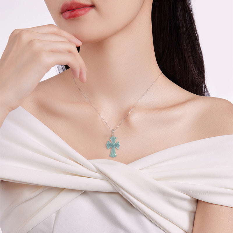 Natural Ice Blue Jadeite Cross Pendant – A-Grade Blue Water Jade with S925 Silver, 36mm Christian Talisman