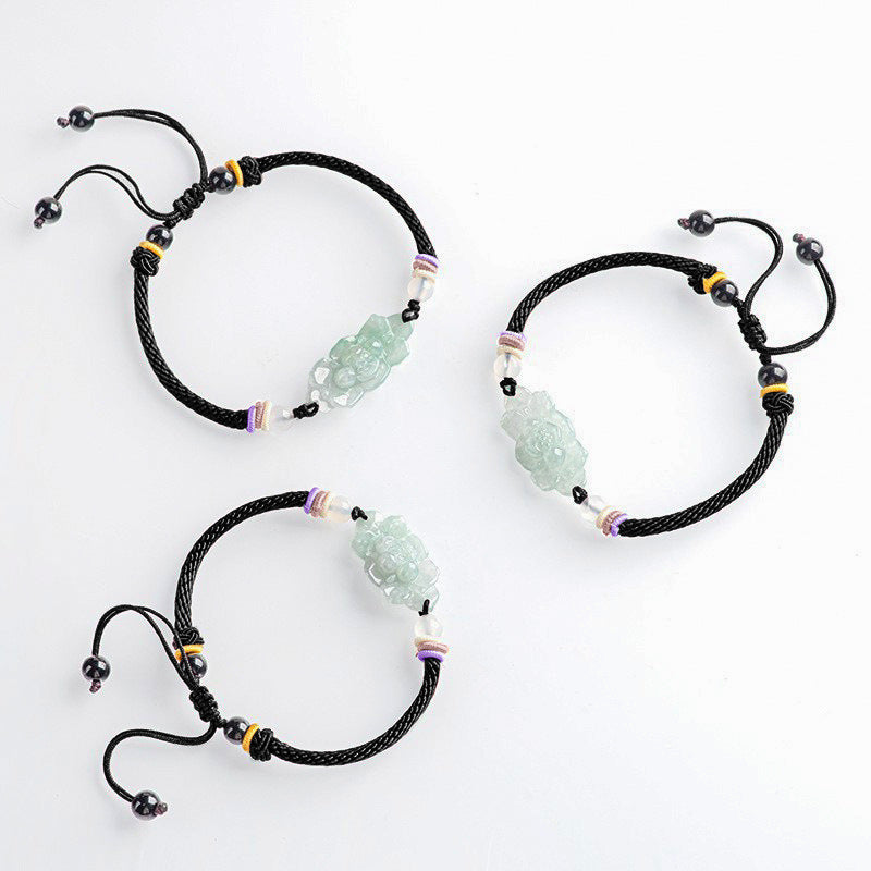Natural A-Grade Jadeite Lotus Bracelet – Handmade Woven Cord Jewelry, Adjustable Lucky Charm for Men & Women