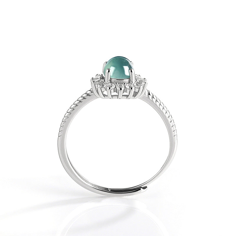 Natural A-Grade Blue Water Jadeite Adjustable Ring for Women – S925 Silver, 5.0mm Cabochon Stone