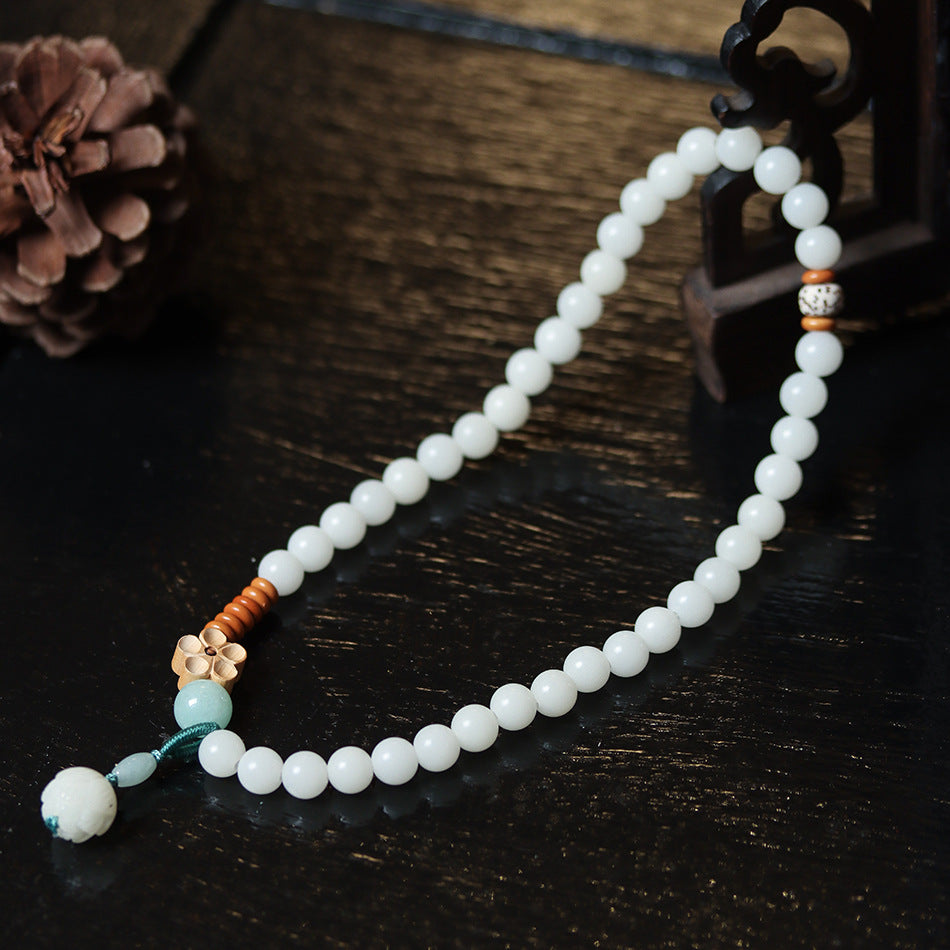White Jade Bodhi Double Wrap Bracelet with Lotus Accent for Women