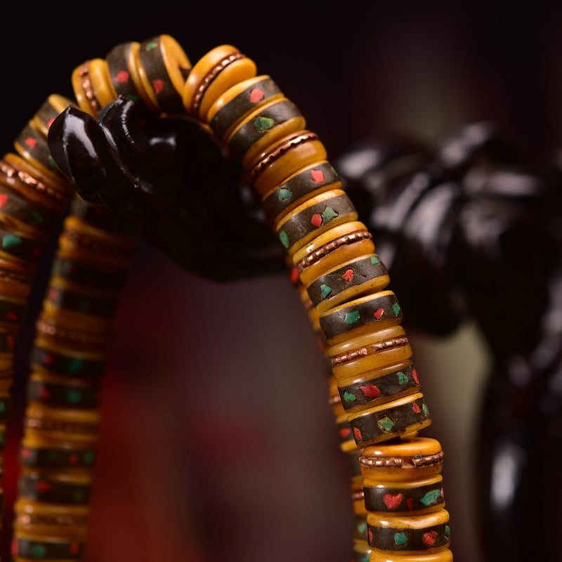 Vintage Tibetan Yak Bone 108 Mala Beads with Gemstone Inlay