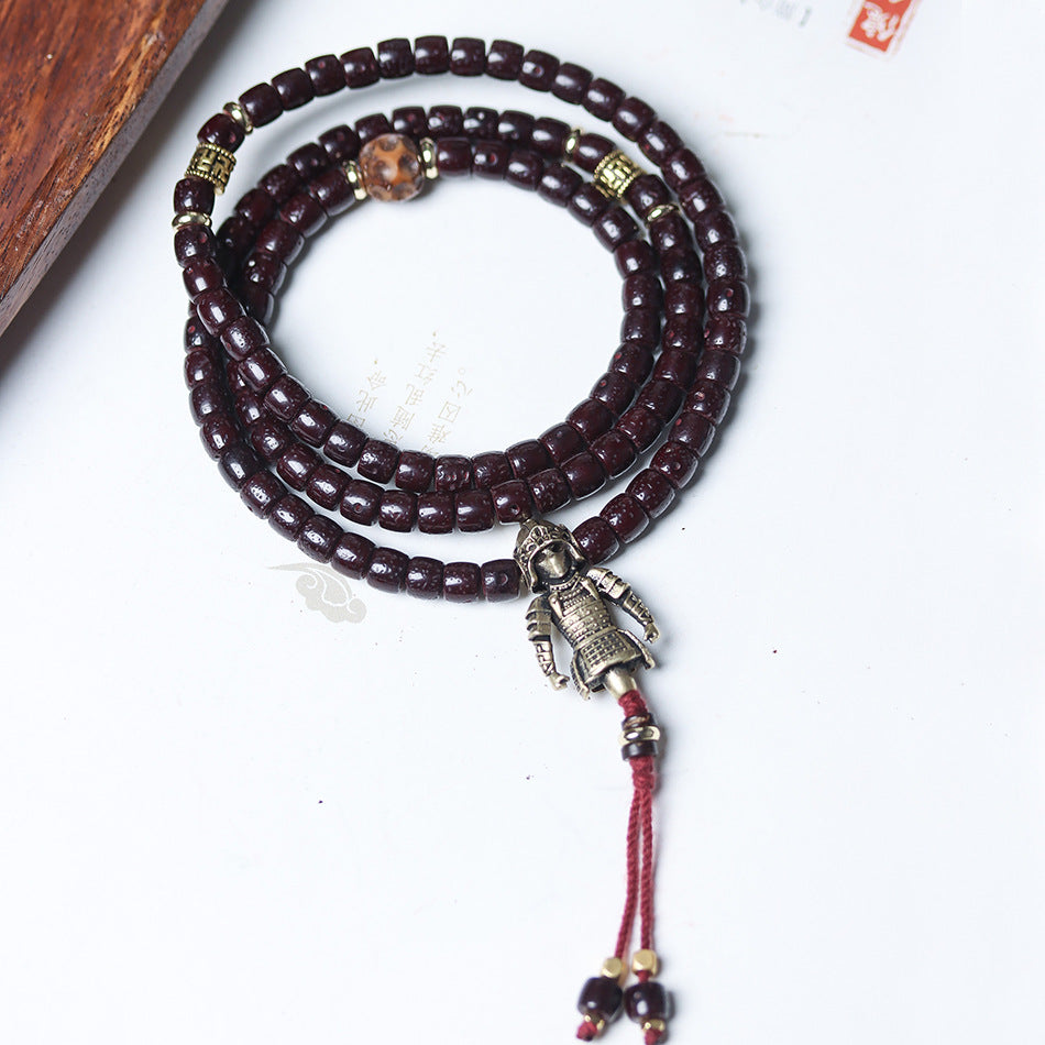 Ancient Cinnabar-Infused Star and Moon Bodhi 108 Mala Beads Bracelet with Tibetan Silver Warrior Charm