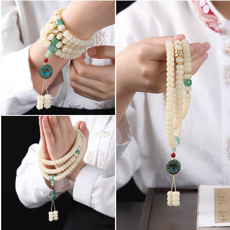 Straight-Cut White Jade Bodhi Root 108 Mala (9×6mm) – Clean & Minimalist Design