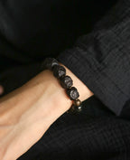 Tibetan Vintage Ebony Wood, Black Obsidian & Brass Bracelet – For Strength & Protection