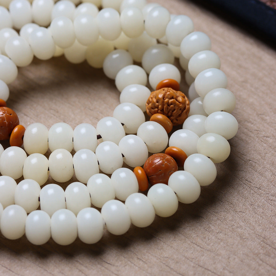 108 Mala Beads White Jade Bodhi Bracelet with Carved Lotus Pendant and Olive Pit Spacers
