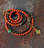 Vintage Wrap Bracelet · Red Agate, Ebony Wood & Brass · Multi-Layer Long Strand for Men and Women