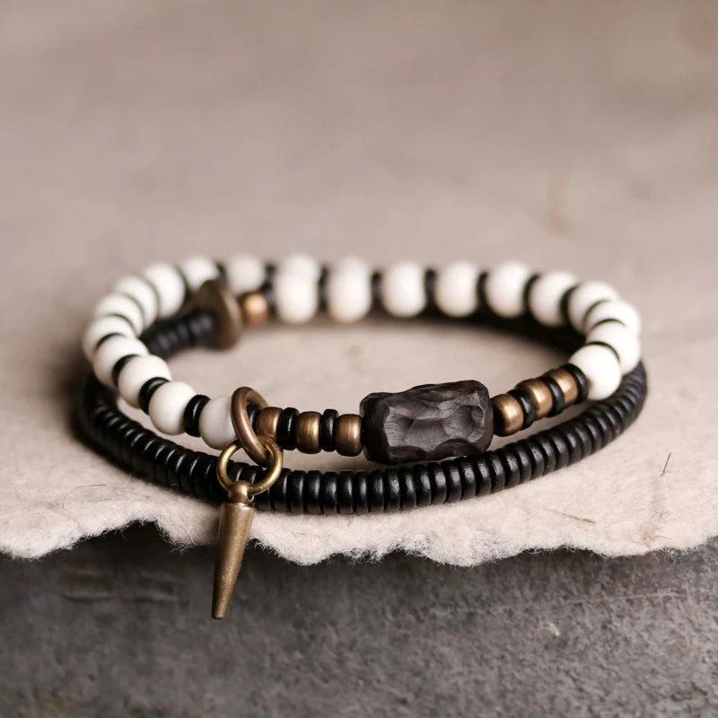 Tibetan Deer Bone and Ebony Beads Unisex Bracelet with Brass Accent