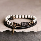 Tibetan Deer Bone and Ebony Beads Unisex Bracelet with Brass Accent