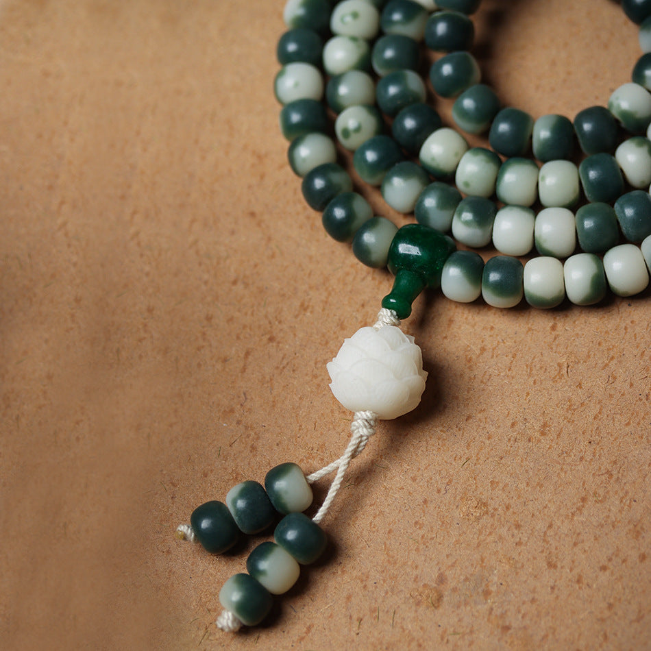 108 Mala Beads Gradient Green Bodhi Bracelet with Carved Lotus Pendant