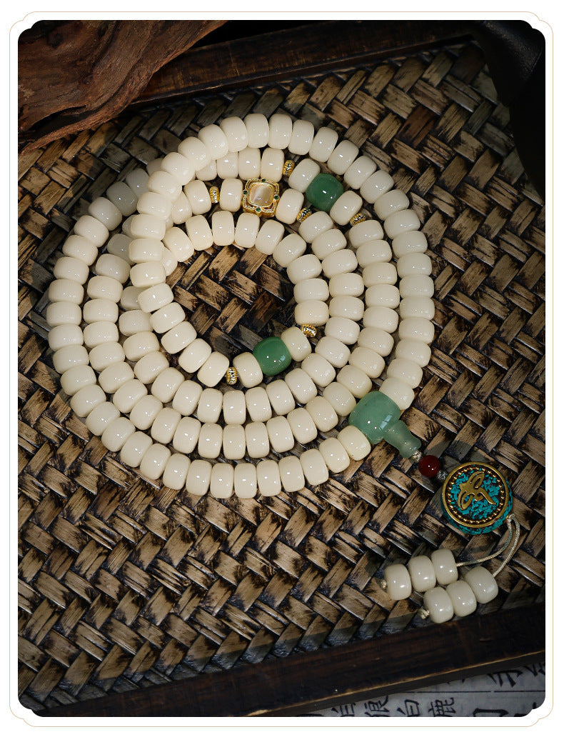 Straight-Cut White Jade Bodhi Root 108 Mala (9×6mm) – Clean & Minimalist Design
