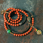 Vintage Wrap Bracelet · Red Agate, Ebony Wood & Brass · Multi-Layer Long Strand for Men and Women