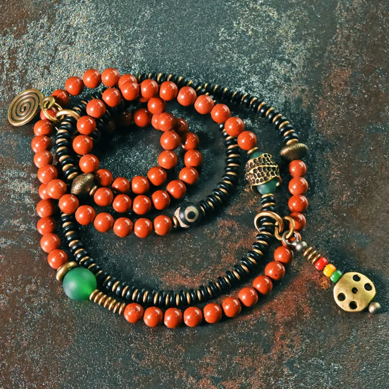 Vintage Wrap Bracelet · Red Agate, Ebony Wood & Brass · Multi-Layer Long Strand for Men and Women