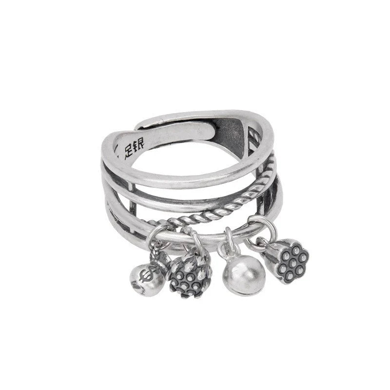 S999 Pure Silver Vintage Multi-Layer Ring with Bell, Lotus Tassel Charms