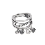S999 Pure Silver Vintage Multi-Layer Ring with Bell, Lotus Tassel Charms