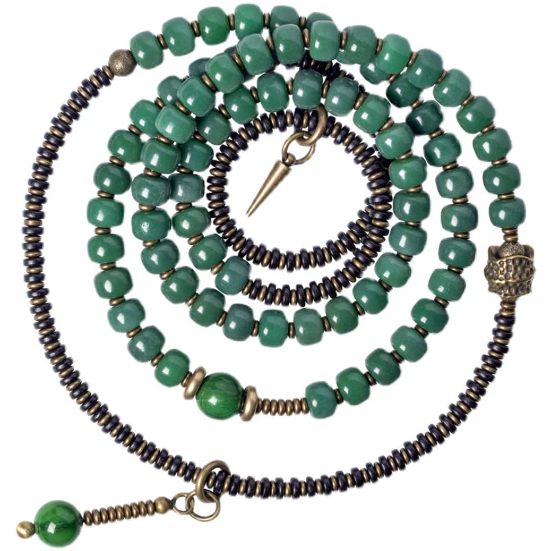 Green Bodhi Beads Bracelet with Ebony & Brass Spacers · Multi-Layer Spiritual Mala for Meditation & Mindfulness
