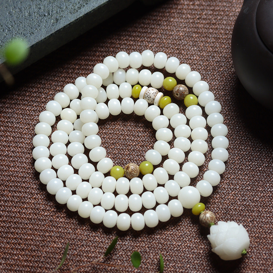 108 Mala Beads White Jade Bodhi Bracelet with Carved Pine Nut Charm