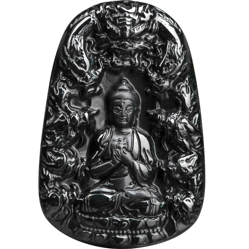 Natural A-Grade Black Jadeite Nine-Dragon Amitabha Buddha Pendant, Unisex