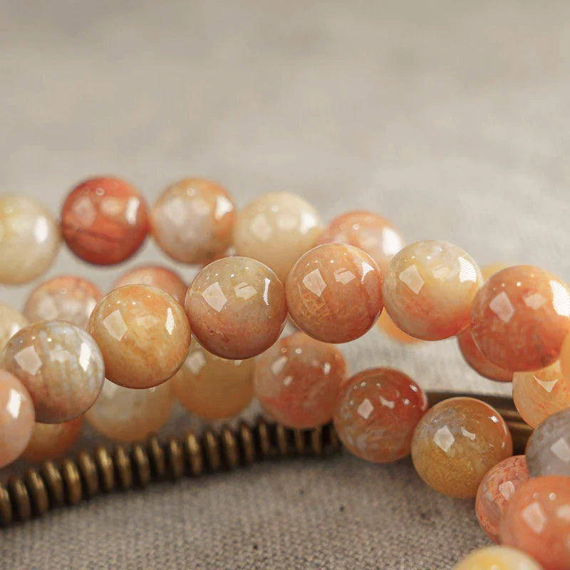 Coral Stone & Large Red Agate Bracelet with Brass Accents · Vintage Multi-Layer Wrap for Women
