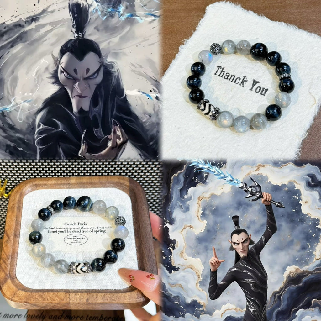 Nezha Series Bracelet Natural Gray Moonstone & Blue Tiger’s Eye Bracelet for Men