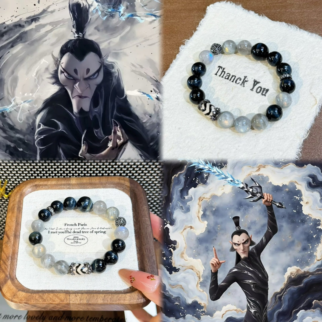 Nezha Series Bracelet Natural Gray Moonstone & Blue Tiger’s Eye Bracelet for Men