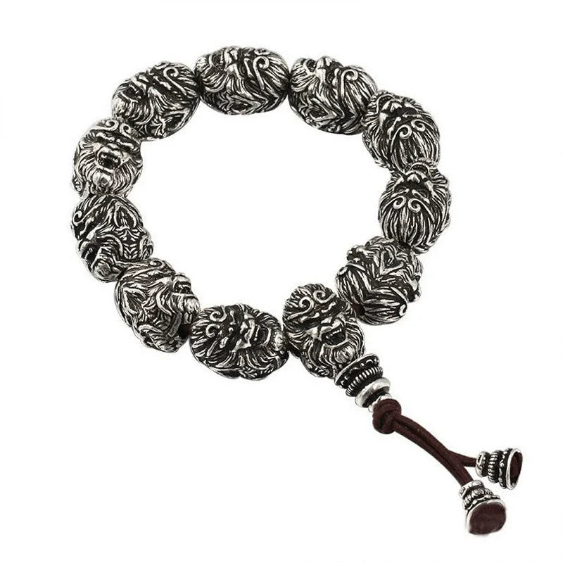 Vintage Men's Silver Bracelet Sun Wukong Fighting Buddha Beaded Bracelet