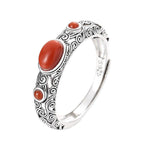 Adjustable S925 Silver Ring Vintage Sterling Silver Open Ring with Red Agate
