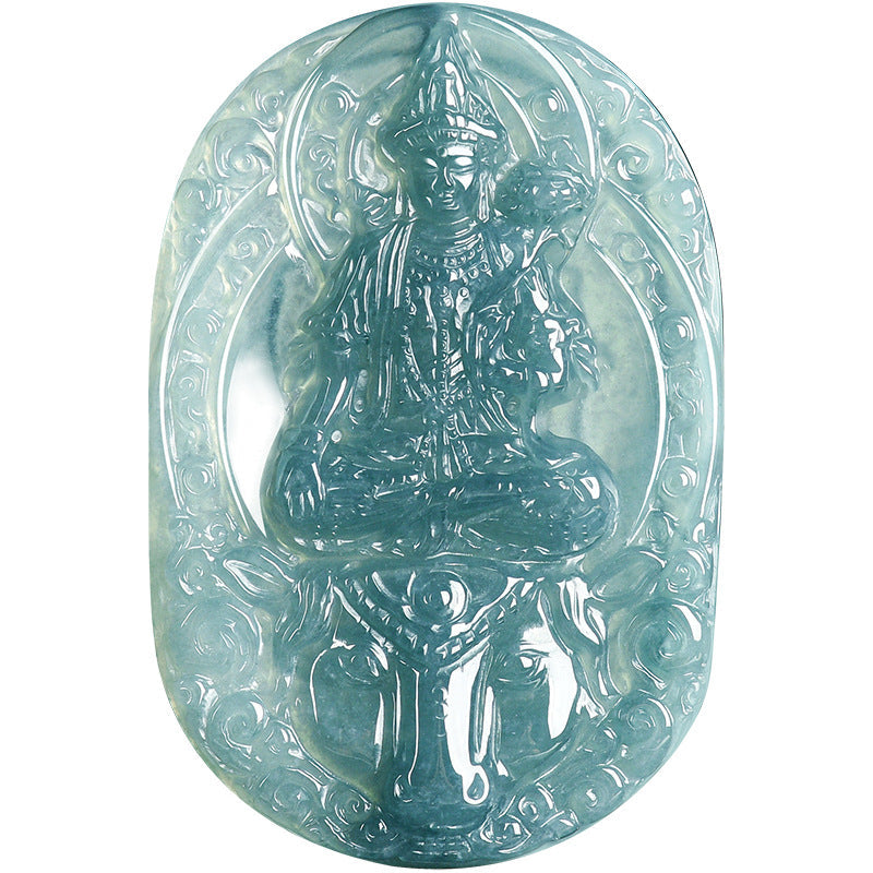 Natural Ice Blue Jadeite Mahasthamaprapta Bodhisattva Pendant – A-Grade Blue Water Jade, Zodiac Horse Guardian Talisman