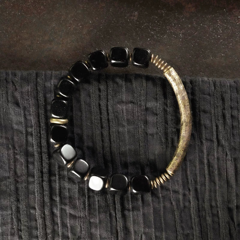 Obsidian & Brass Tibetan Vintage Couple Bracelet – Grounding & Protection