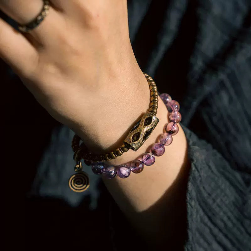 Vintage Double-Wrap Amethyst Phantom Quartz Bracelet – Brass Accents & Spiritual Style