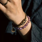 Vintage Double-Wrap Amethyst Phantom Quartz Bracelet – Brass Accents & Spiritual Style