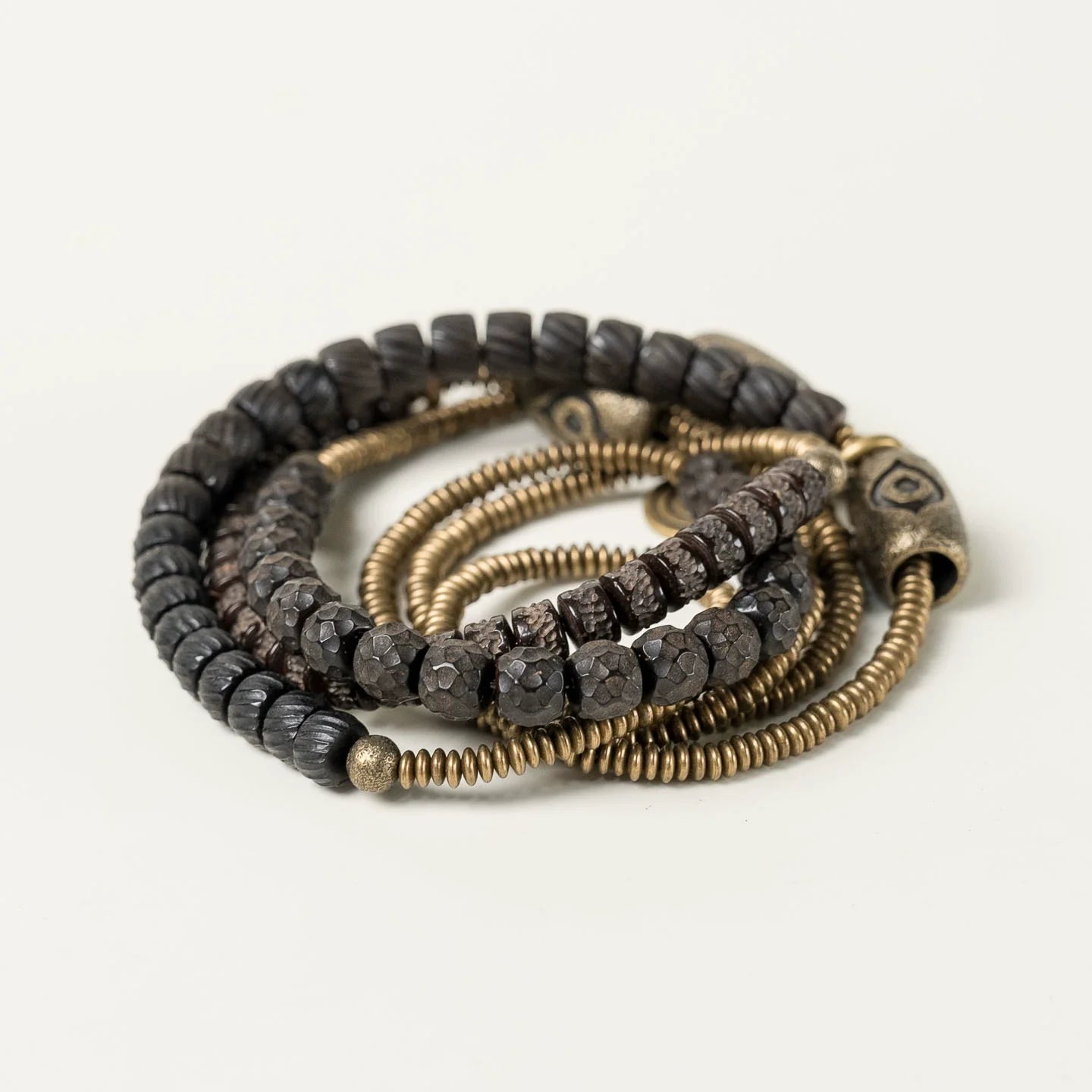 Tibetan Handmade Double-Wrap Coconut Shell & Brass Dzi Bracelet · Earthborn Wisdom, Sacred Protection