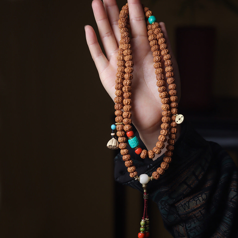 Dragon Vein Exploding Texture Rudraksha 108 Mala Beads Bracelet with Agate Stone Accents