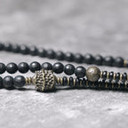 Tibetan Vintage Wrap Bracelet · Black Agate, Brass & Ebony Wood · Multi-Layer Long Strand