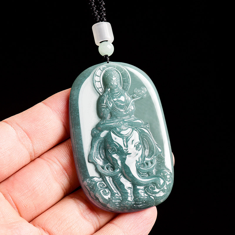 Natural Blue Water Jadeite Samantabhadra & Guanyin Pendant – A-Grade Jade, Zodiac Dragon & Snake Guardian Talisman