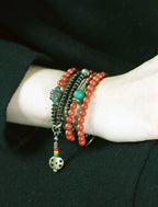 Vintage Wrap Bracelet · Red Agate, Ebony Wood & Brass · Multi-Layer Long Strand for Men and Women