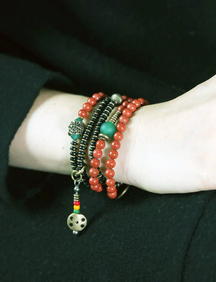Vintage Wrap Bracelet · Red Agate, Ebony Wood & Brass · Multi-Layer Long Strand for Men and Women