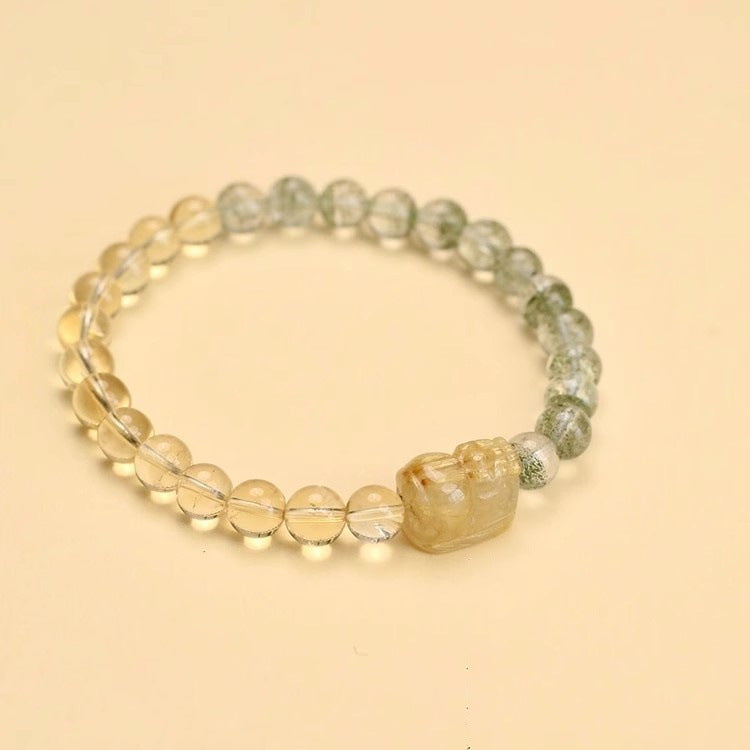 Natural Green Phantom Quartz and Citrine Feng Shui Pixiu Bracelet