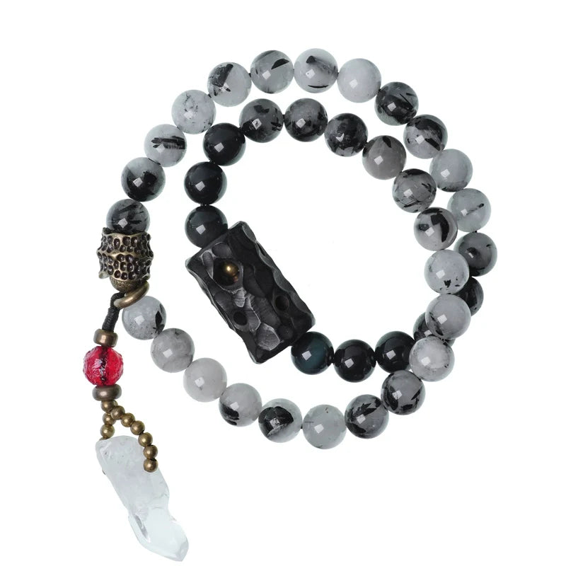 Double-Layer Black Rutilated Quartz Bracelet with White Crystal Pendant for Protection & Mental Clarity